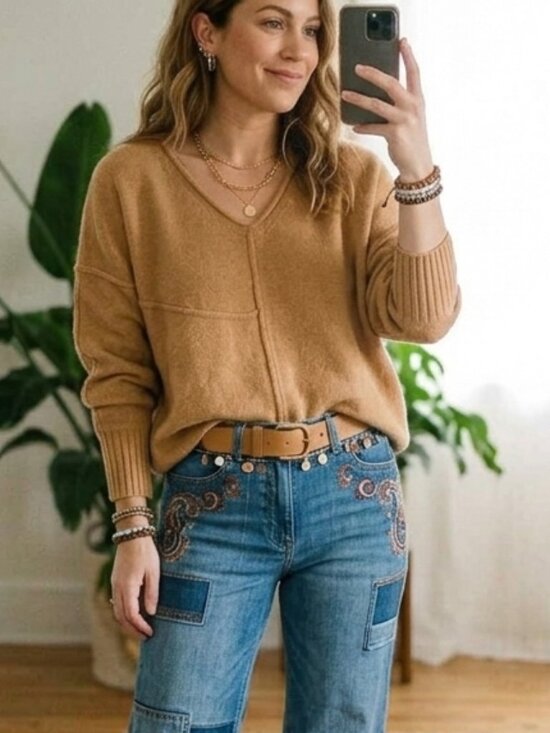 Free People Sweaters - Free People 100% Cashmere Oversized Souchy V-Neck Sweater Camel Orange Size S